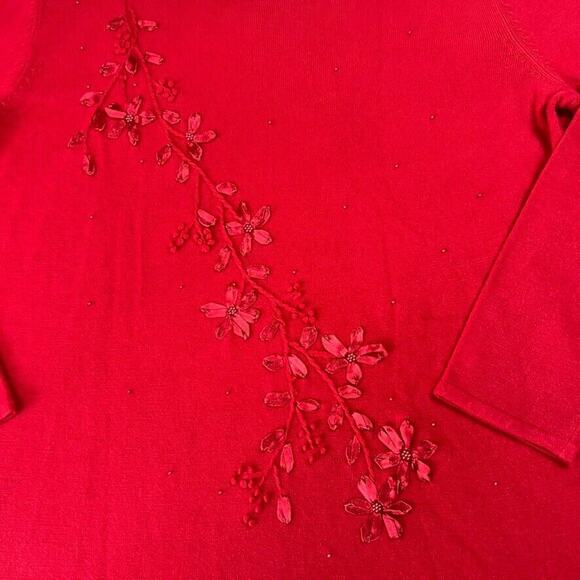 Laura Scott Sweater Womens 16/18W 3/4 Sleeves Red Floral Detail Split Sides - Picture 4 of 10